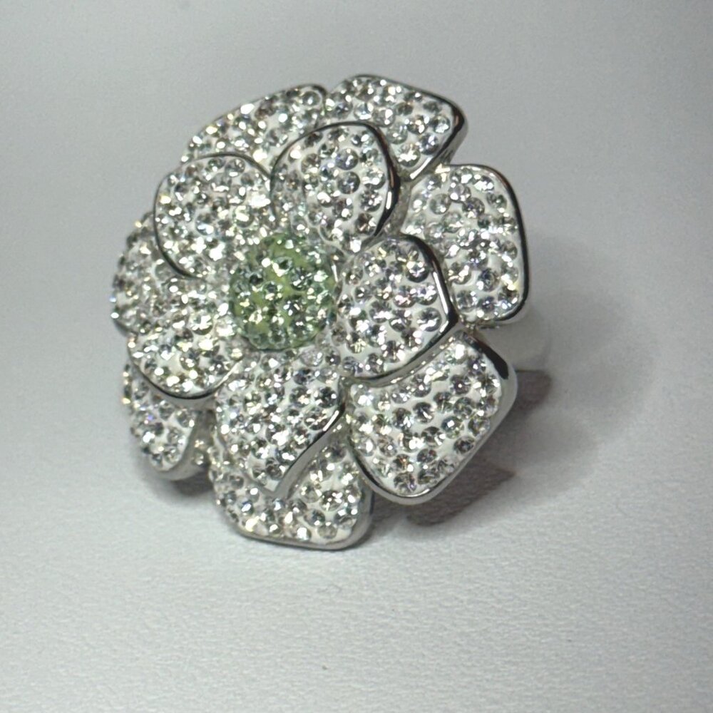 JCM Rhinestone & Stainless-Steel Flower Shaped Cocktail Ring Statement Piece Siz